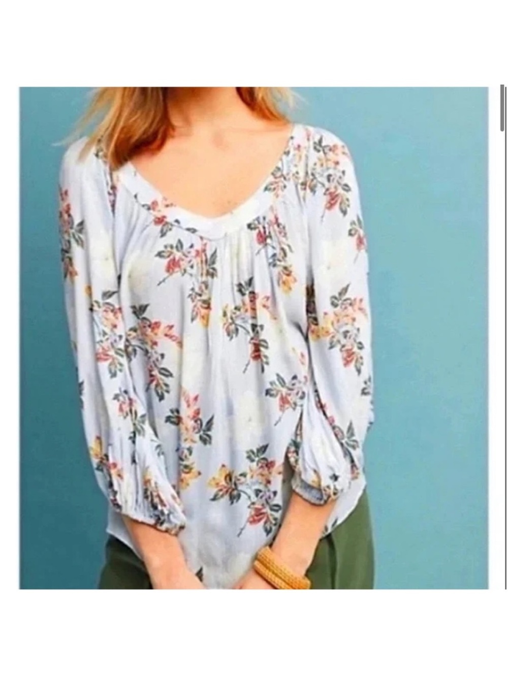 Maeve Boswell Light Blue Floral Flowy Boho Peasant Cottage Blouse Top Anthro 6